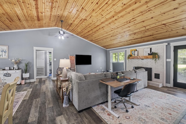 60 Pin Oak Dr, Lonoke, AR 72086 - living area featuring wood ceiling, lofted ceiling, healthy amount of natural light, wood finished floors, and ceiling fan