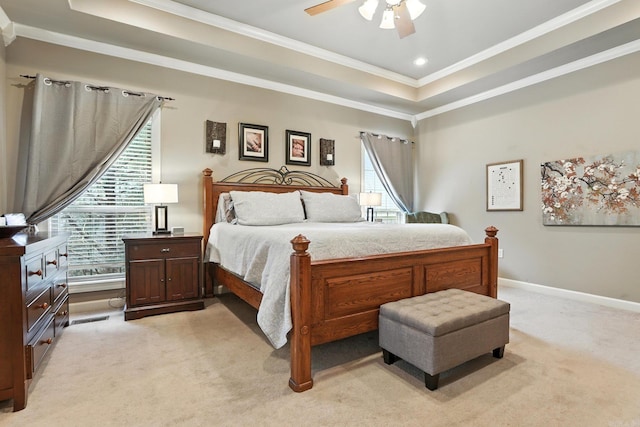 28 Chemin Ct, Little Rock, AR 72223 - bedroom featuring a raised ceiling, light colored carpet, crown molding, and ceiling fan