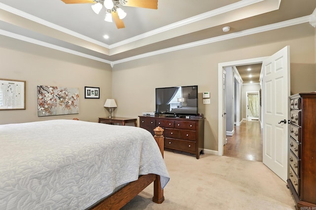 28 Chemin Ct, Little Rock, AR 72223 - bedroom featuring ornamental molding, a raised ceiling, light colored carpet, ceiling fan, and recessed lighting