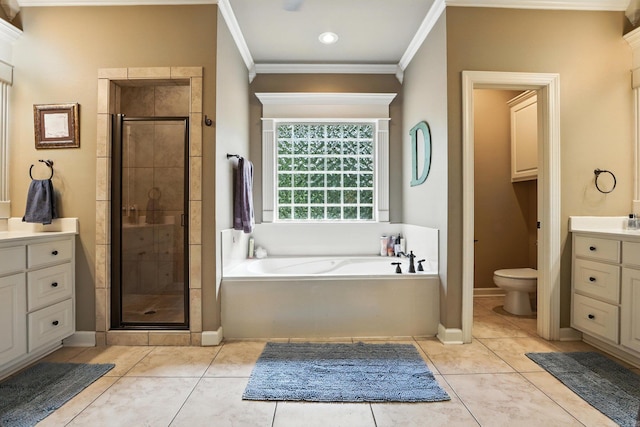 28 Chemin Ct, Little Rock, AR 72223 - bathroom featuring ornamental molding, vanity, a bath, a shower stall, and tile patterned flooring