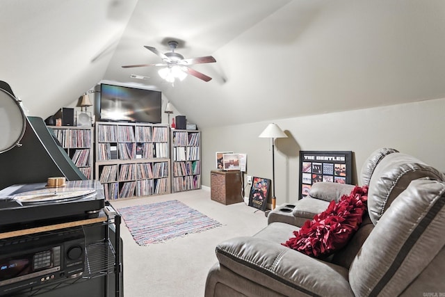 28 Chemin Ct, Little Rock, AR 72223 - living area with carpet floors, a ceiling fan, and vaulted ceiling