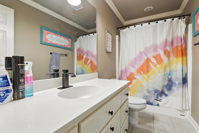 28 Chemin Ct, Little Rock, AR 72223 - full bath featuring vanity, crown molding, tile patterned floors, and curtained shower