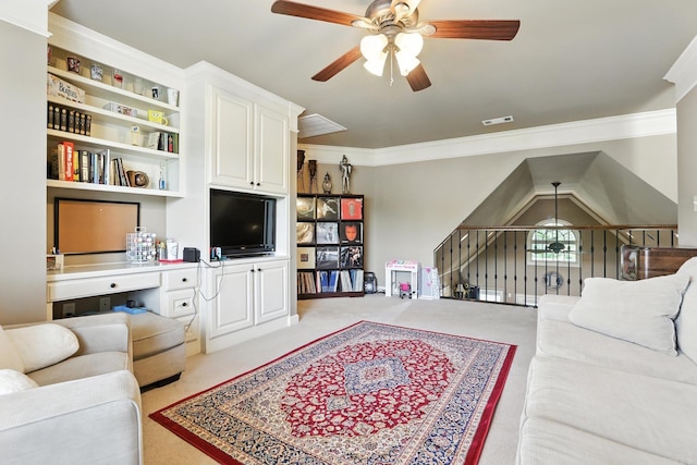 28 Chemin Ct, Little Rock, AR 72223 - living area featuring a ceiling fan, built in study area, ornamental molding, and light carpet