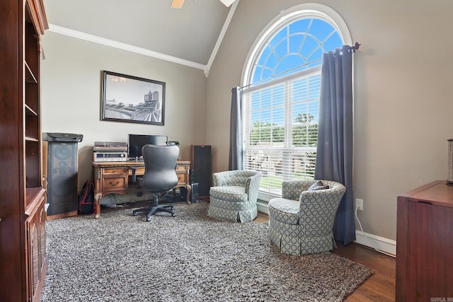 28 Chemin Ct, Little Rock, AR 72223 - office area with crown molding, lofted ceiling, ceiling fan, and wood finished floors