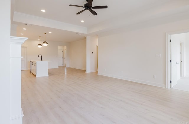 127 Edgewood Cir, Little Rock, AR 72223 - unfurnished living room featuring ceiling fan, light wood-style flooring, ornamental molding, and recessed lighting