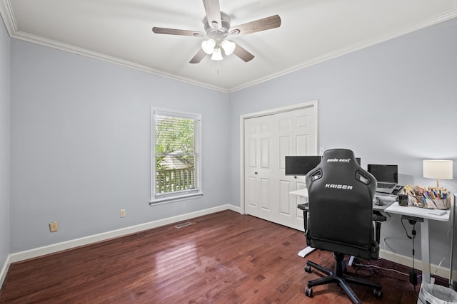 69 Saint Thomas Cir, Little Rock, AR 72211 - office featuring wood finished floors, ceiling fan, and ornamental molding