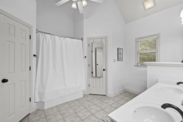 69 Saint Thomas Cir, Little Rock, AR 72211 - full bathroom featuring a shower with curtain, a ceiling fan, tile patterned flooring, double vanity, and high vaulted ceiling