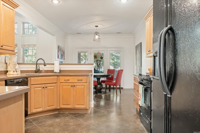 5201 Providence Cir, Jonesboro, AR 72404 - kitchen featuring black appliances, a peninsula, ornamental molding, hanging light fixtures, and light countertops