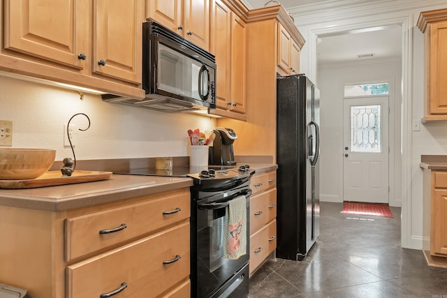 5201 Providence Cir, Jonesboro, AR 72404 - kitchen with black appliances, ornamental molding, light brown cabinets, and light countertops