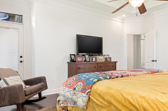 5201 Providence Cir, Jonesboro, AR 72404 - bedroom featuring ornamental molding, wood finished floors, recessed lighting, and ceiling fan