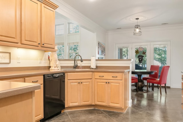 5201 Providence Cir, Jonesboro, AR 72404 - kitchen with dishwasher, crown molding, a peninsula, light countertops, and light brown cabinets