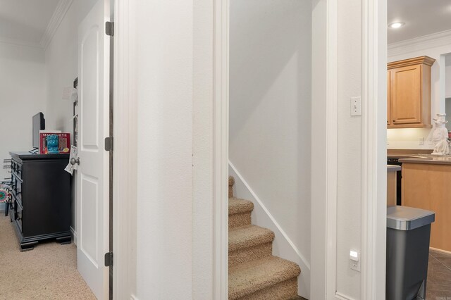5201 Providence Cir, Jonesboro, AR 72404 - staircase featuring ornamental molding and carpet