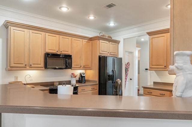 5201 Providence Cir, Jonesboro, AR 72404 - kitchen featuring black appliances, light brown cabinets, a peninsula, crown molding, and recessed lighting