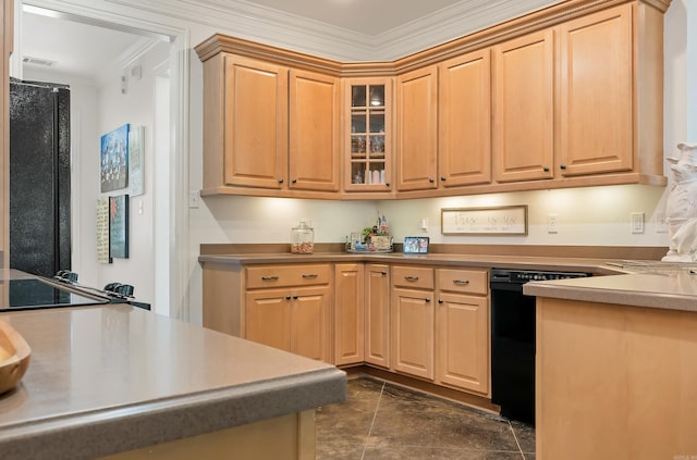 5201 Providence Cir, Jonesboro, AR 72404 - kitchen with black appliances, ornamental molding, glass insert cabinets, and light brown cabinetry
