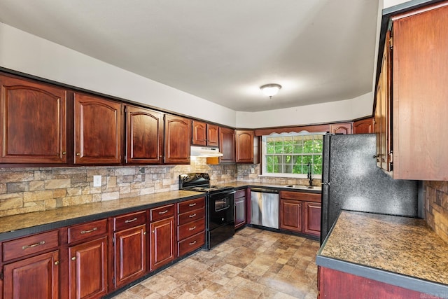 901 S Reine St, Mena, AR 71953 - kitchen featuring black appliances, under cabinet range hood, decorative backsplash, and stone finish floors