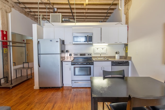 423 E 3rd St Unit 216, Little Rock, AR 72201 - kitchen with appliances with stainless steel finishes, white cabinets, and light wood-type flooring