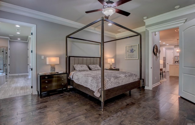 7517 Garden Way, Sherwood, AR 72120 - bedroom with wood finished floors, ornamental molding, recessed lighting, and a ceiling fan