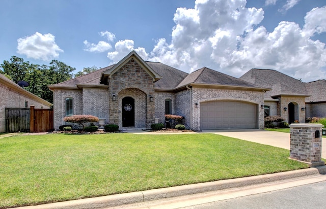 7517 Garden Way, Sherwood, AR 72120 - french country style house featuring brick siding, a garage, concrete driveway, and roof with shingles
