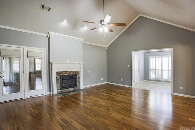 1224 N Pt, North Little Rock, AR 72118 - unfurnished living room featuring ceiling fan, healthy amount of natural light, ornamental molding, a fireplace, and wood finished floors