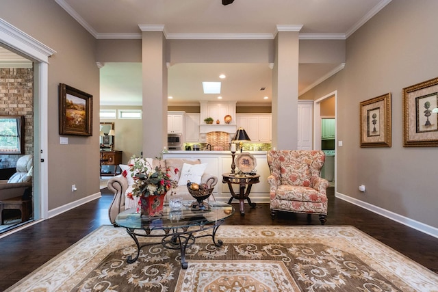 8 Flint Creek Ct, Little Rock, AR 72223 - living area with ornamental molding and dark wood-style floors
