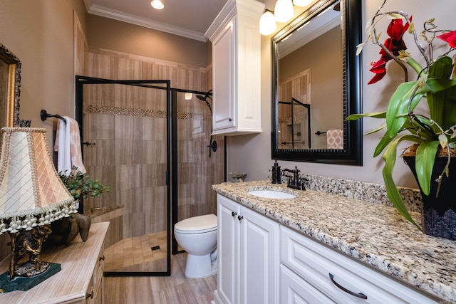 8 Flint Creek Ct, Little Rock, AR 72223 - full bathroom featuring vanity, crown molding, and a shower stall