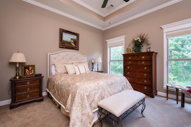 8 Flint Creek Ct, Little Rock, AR 72223 - carpeted bedroom with ornamental molding, ceiling fan, and a raised ceiling