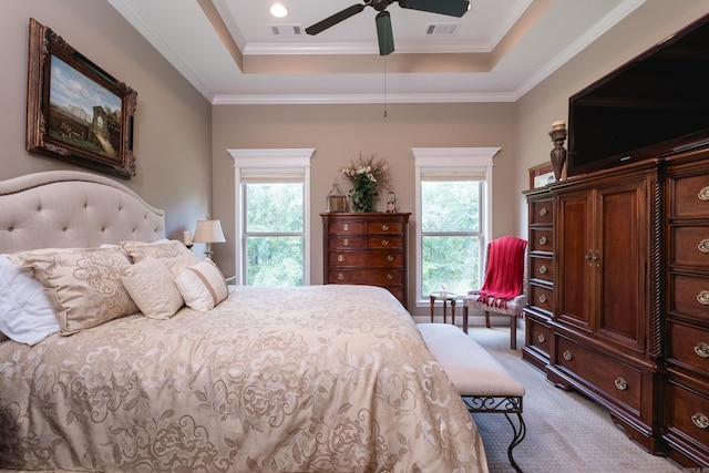 8 Flint Creek Ct, Little Rock, AR 72223 - bedroom featuring carpet, a raised ceiling, multiple windows, ornamental molding, and a ceiling fan