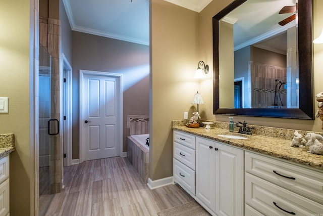 8 Flint Creek Ct, Little Rock, AR 72223 - bathroom with vanity, ornamental molding, a bath, wood finished floors, and tiled shower