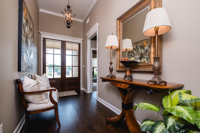 8 Flint Creek Ct, Little Rock, AR 72223 - entrance foyer featuring french doors, hardwood / wood-style flooring, ornamental molding, and a chandelier