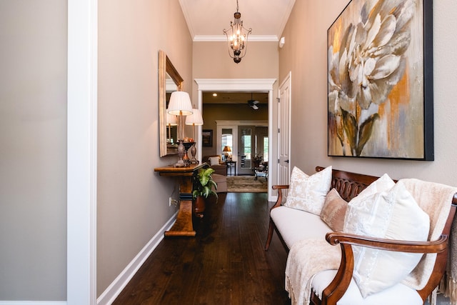 8 Flint Creek Ct, Little Rock, AR 72223 - hallway featuring crown molding, wood-type flooring, and a chandelier