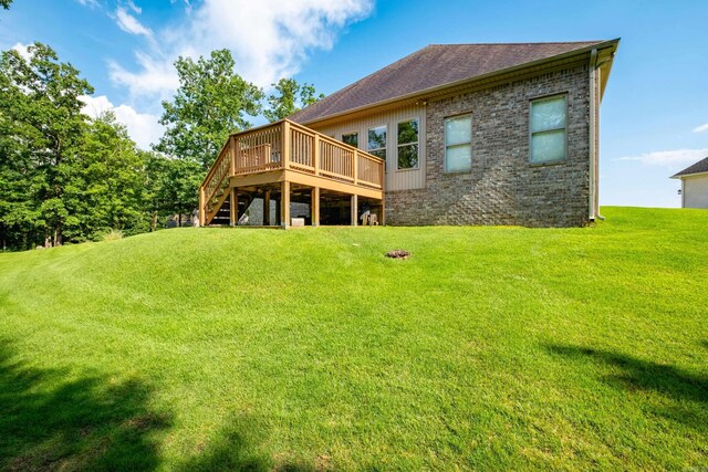 8 Flint Creek Ct, Little Rock, AR 72223 - back of house featuring a wooden deck, a lawn, stairway, and roof with shingles