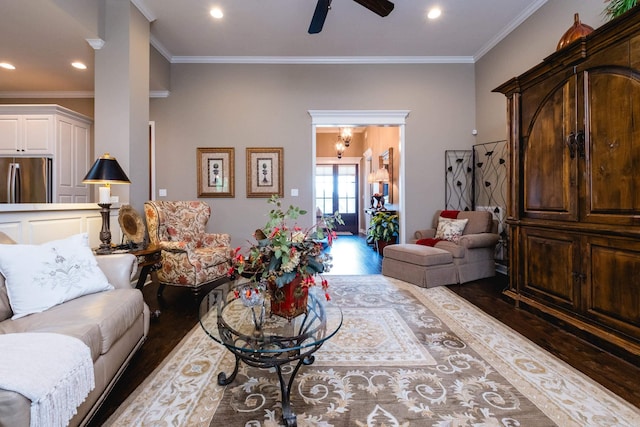 8 Flint Creek Ct, Little Rock, AR 72223 - living area with wood finished floors, ceiling fan, crown molding, and recessed lighting