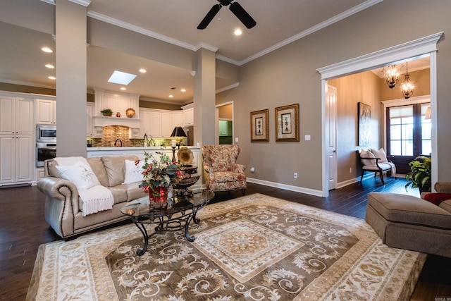 8 Flint Creek Ct, Little Rock, AR 72223 - living area with crown molding, dark wood-type flooring, ceiling fan, and recessed lighting