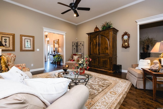 8 Flint Creek Ct, Little Rock, AR 72223 - living area with wood finished floors, a ceiling fan, and crown molding