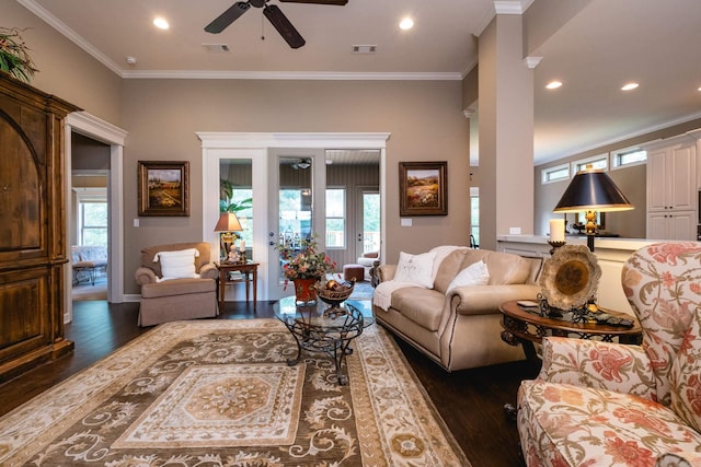 8 Flint Creek Ct, Little Rock, AR 72223 - living area featuring a ceiling fan, wood finished floors, healthy amount of natural light, recessed lighting, and ornamental molding