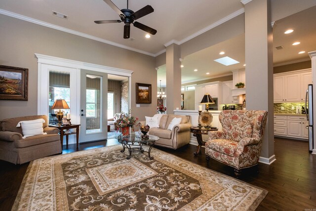 8 Flint Creek Ct, Little Rock, AR 72223 - living area with crown molding, dark wood finished floors, ceiling fan, recessed lighting, and a skylight