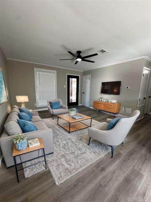 9701 Woodland Dr, Mabelvale, AR 72103 - living room featuring wood finished floors, ceiling fan, and crown molding