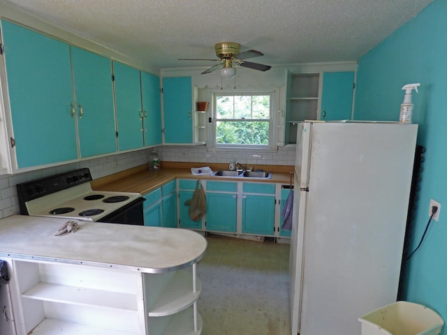 104 W First St, Hardy, AR 72542 - kitchen with open shelves, white appliances, tasteful backsplash, and a textured ceiling