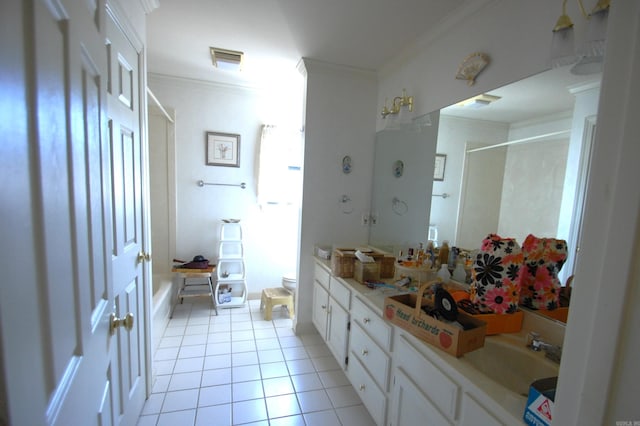 4707 Glen Valley Dr, Little Rock, AR 72223 - full bathroom with a shower, tile patterned floors, crown molding, vanity, and a bathtub