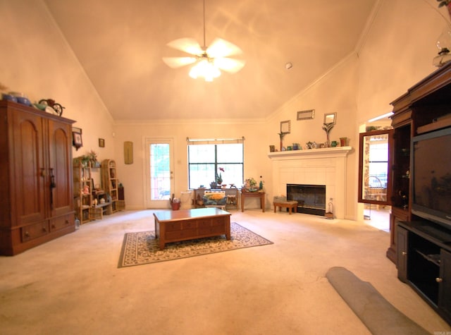 4707 Glen Valley Dr, Little Rock, AR 72223 - carpeted living area with high vaulted ceiling, a tiled fireplace, a ceiling fan, and ornamental molding
