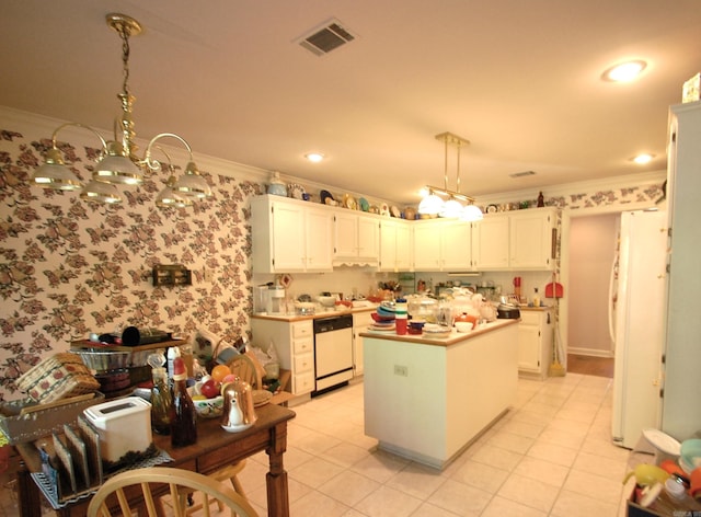 4707 Glen Valley Dr, Little Rock, AR 72223 - kitchen with white appliances, crown molding, a kitchen island, white cabinetry, and light tile patterned floors