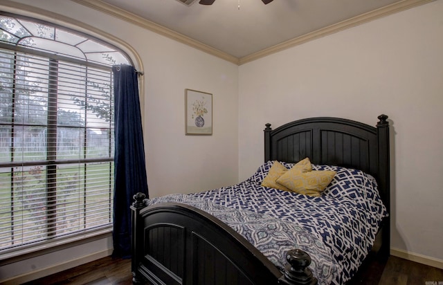 4600 Lexington Park Cir, Bryant, AR 72022 - bedroom featuring multiple windows, dark wood finished floors, ornamental molding, and ceiling fan