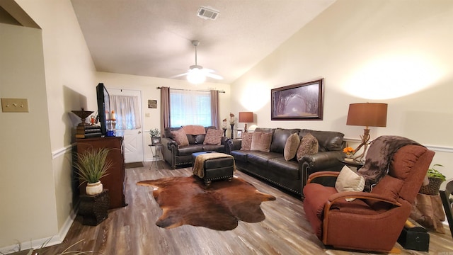 81 Pheasant Run Dr, Cabot, AR 72023 - living room featuring lofted ceiling, wood finished floors, and ceiling fan