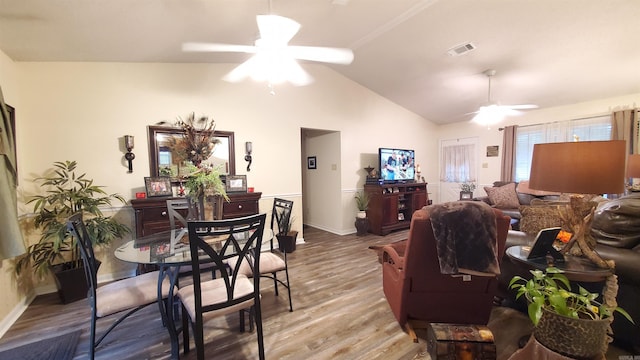 81 Pheasant Run Dr, Cabot, AR 72023 - dining space featuring ceiling fan, wood finished floors, and lofted ceiling