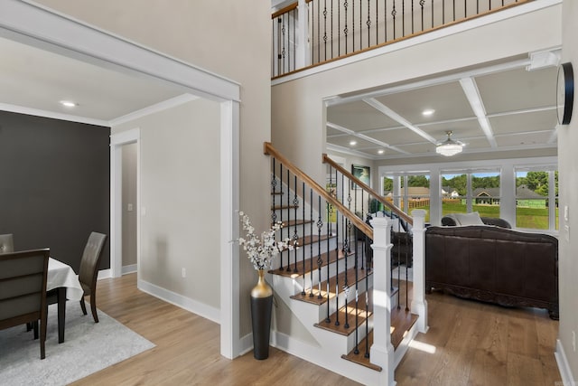 148 Irene Cir, Greenbrier, AR 72058 - stairway with wood finished floors, recessed lighting, coffered ceiling, ornamental molding, and beamed ceiling