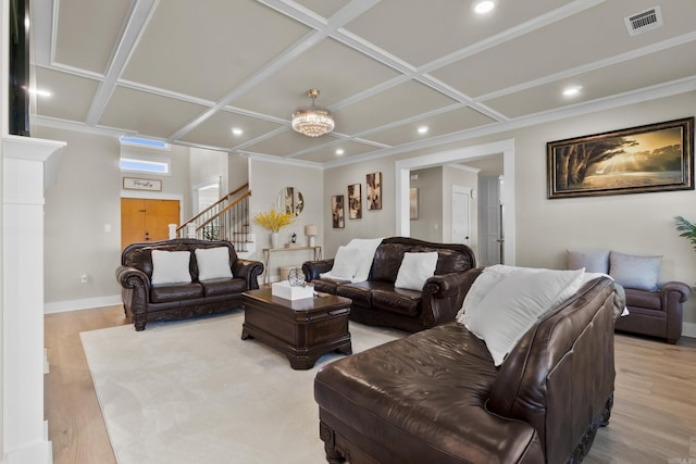 148 Irene Cir, Greenbrier, AR 72058 - living area with coffered ceiling, light wood-style floors, stairs, and recessed lighting