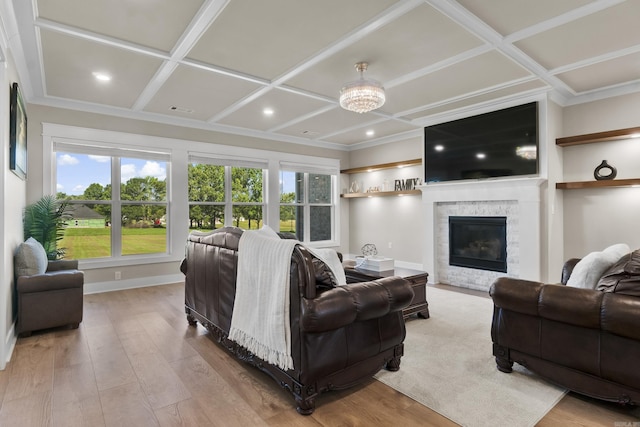 148 Irene Cir, Greenbrier, AR 72058 - living area featuring coffered ceiling, a fireplace, wood finished floors, and recessed lighting