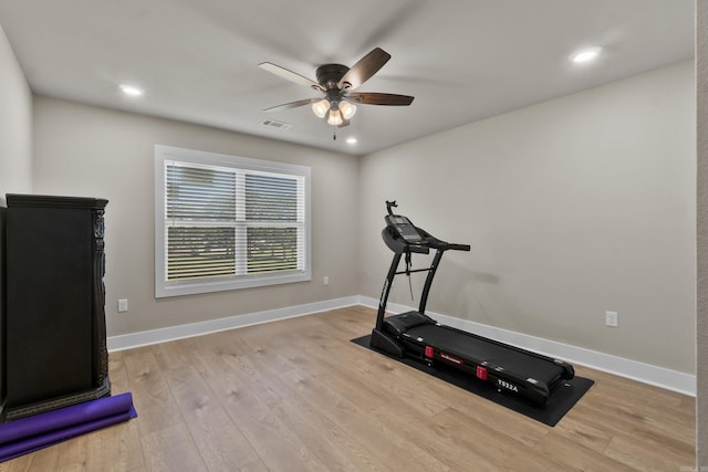 148 Irene Cir, Greenbrier, AR 72058 - exercise area with ceiling fan, wood finished floors, and recessed lighting