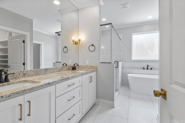 49 Saffron Cir, Little Rock, AR 72223 - full bath with a soaking tub, double vanity, a stall shower, ornamental molding, and recessed lighting