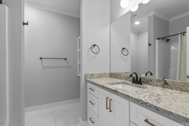 49 Saffron Cir, Little Rock, AR 72223 - full bathroom with crown molding, vanity, marble finish floors, and curtained shower